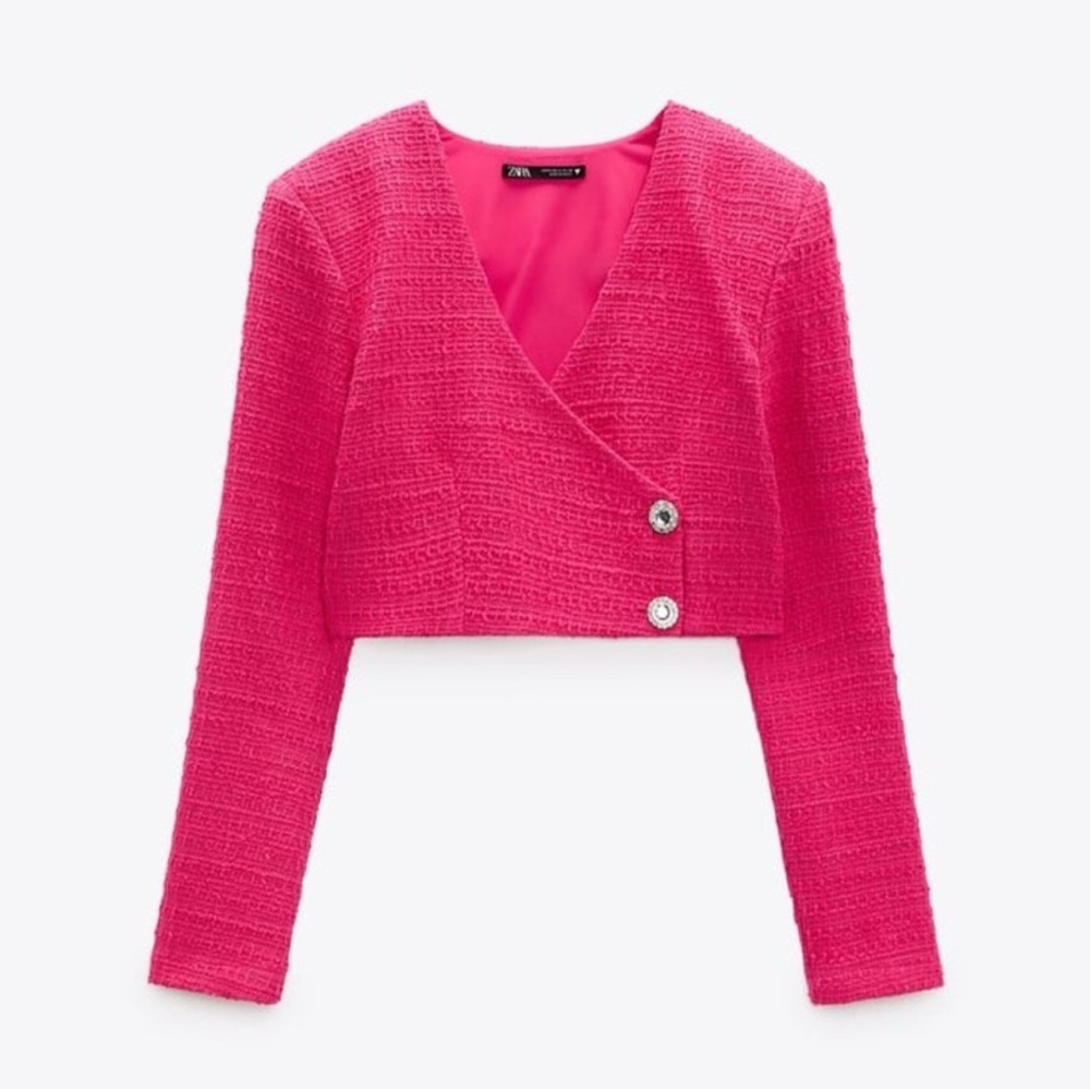 Zara STRUCTURED CROP TOP/Blazer Front Jewel Button Closure Pink Size S NEW